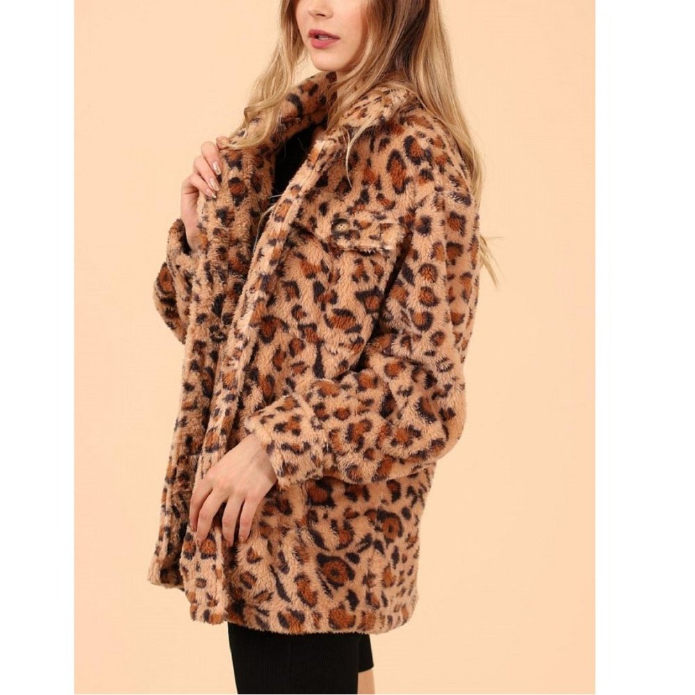 Leopard Faux Fur Jacket Women Plush Zip Front Winter Coat - Picture 8 of 9